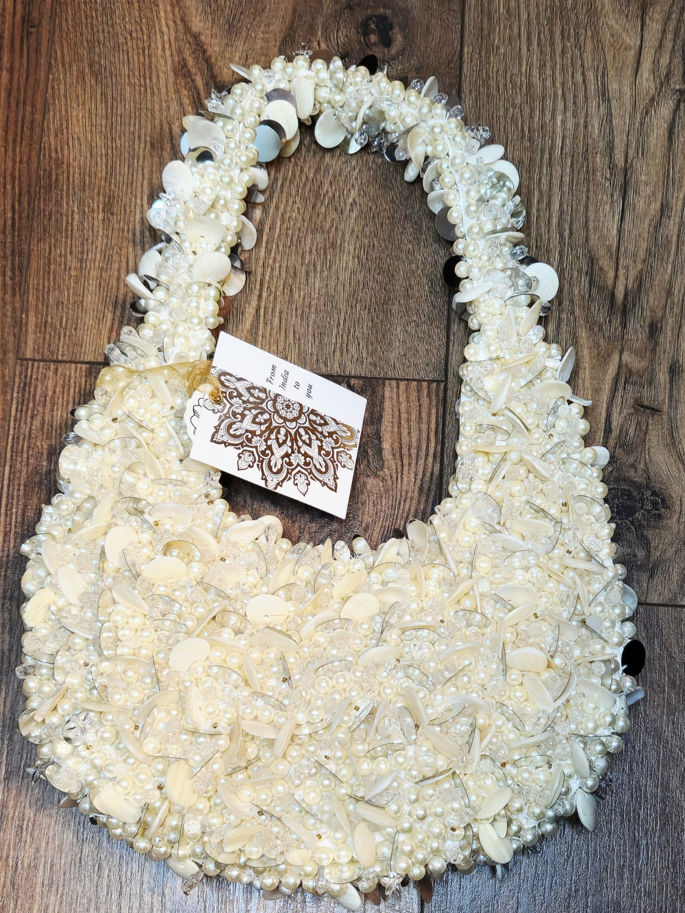 Hand Sewn Pearl-Embellished Cream Shoulder Bag